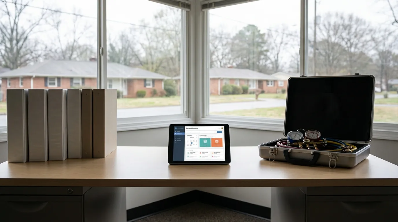 Professional HVAC dispatch office workspace for heating and cooling services in Charlotte, NC