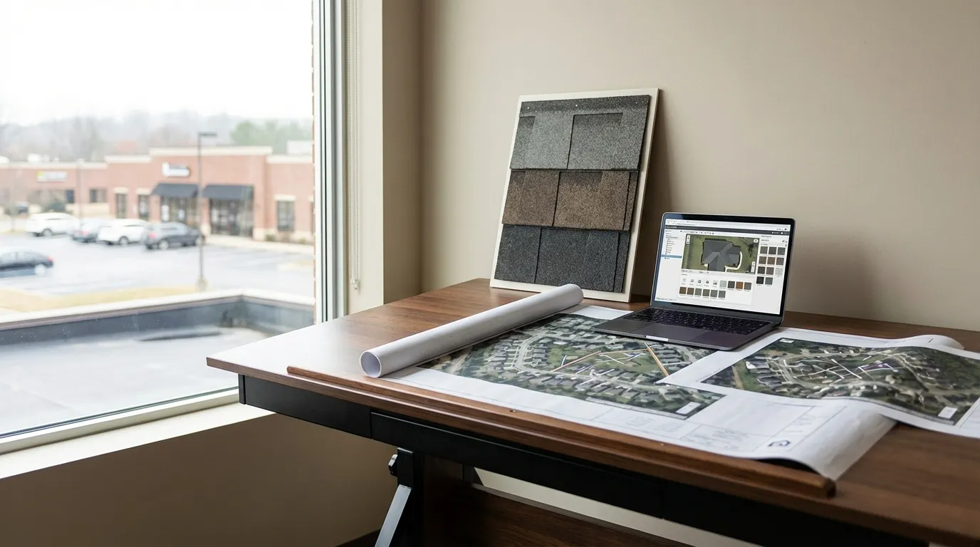 Professional roofing estimating workspace with aerial neighborhood imagery for roofing services in Charlotte, NC