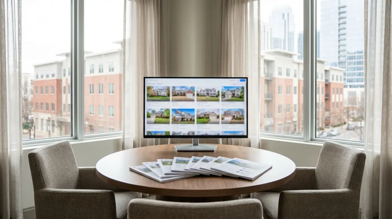 Professional real estate consultation room with property listings for real estate services in Charlotte, NC