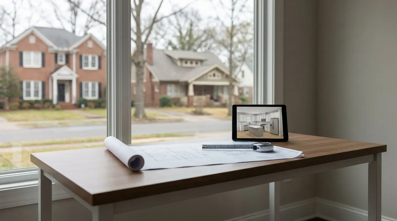 Professional contractor planning workspace with architectural drawings for construction services in Charlotte, NC