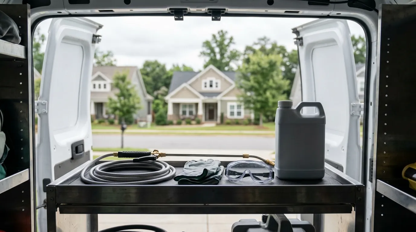 Professional pest control service equipment arranged for residential pest services in Charlotte, NC