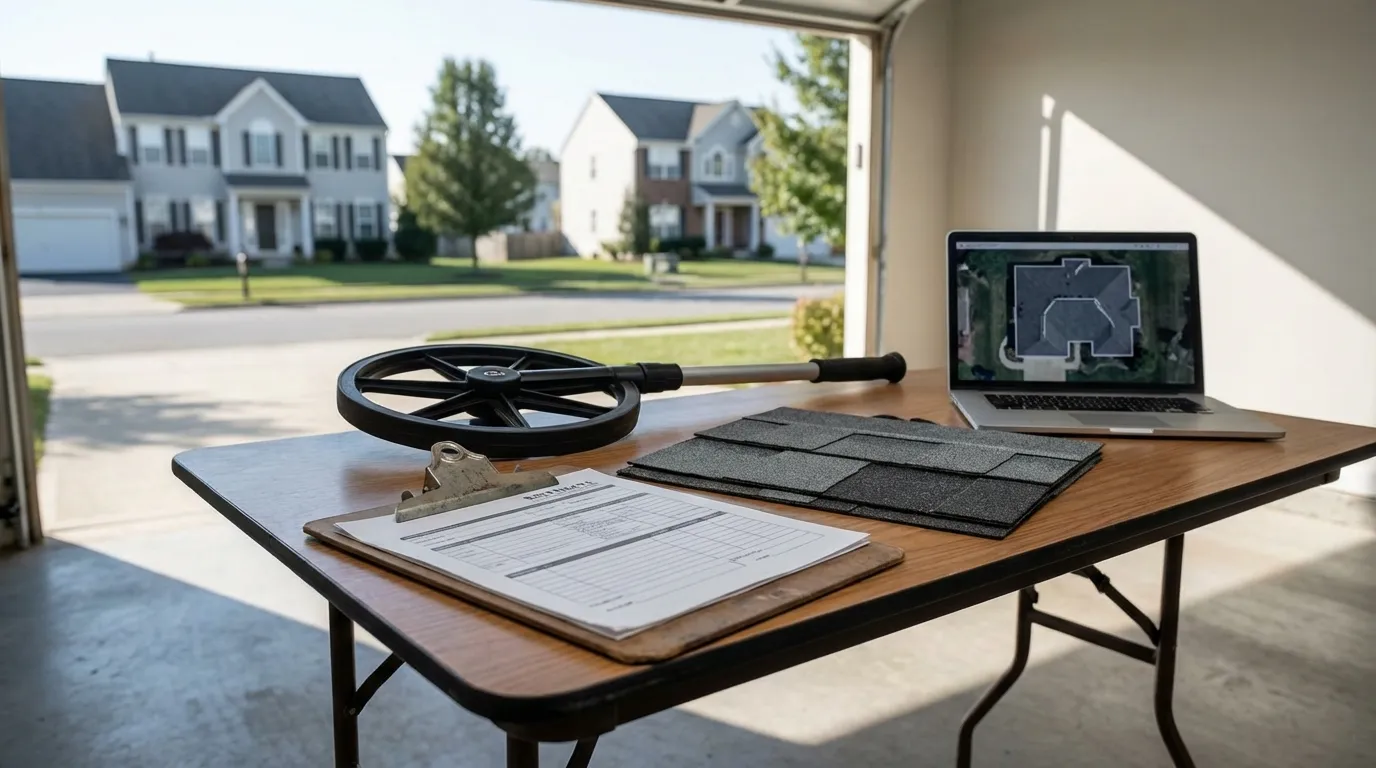 Professional roofing contractor workspace with estimate forms and material samples for roofing in Indianapolis, IN