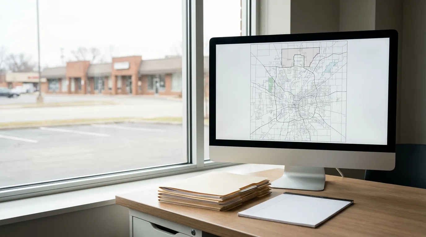Professional real estate consultation workspace with property map and listing folders for real estate in Indianapolis, IN
