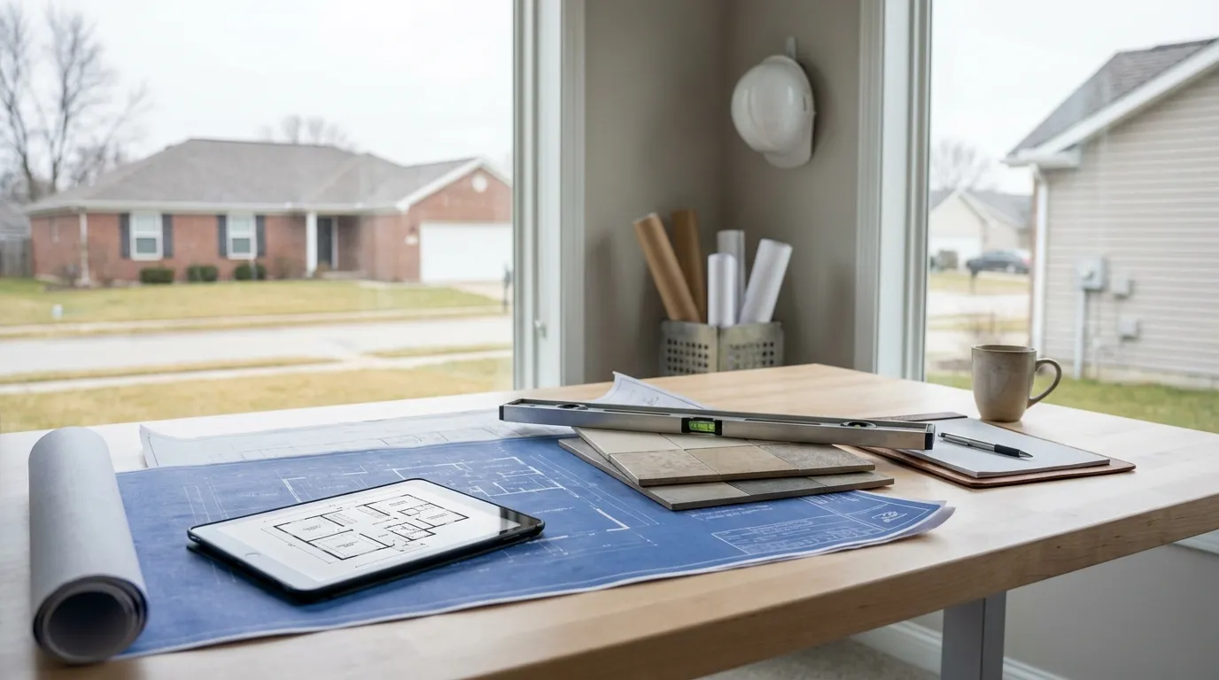 Professional construction project management desk with architectural plans and material samples for contractors in Indianapolis, IN