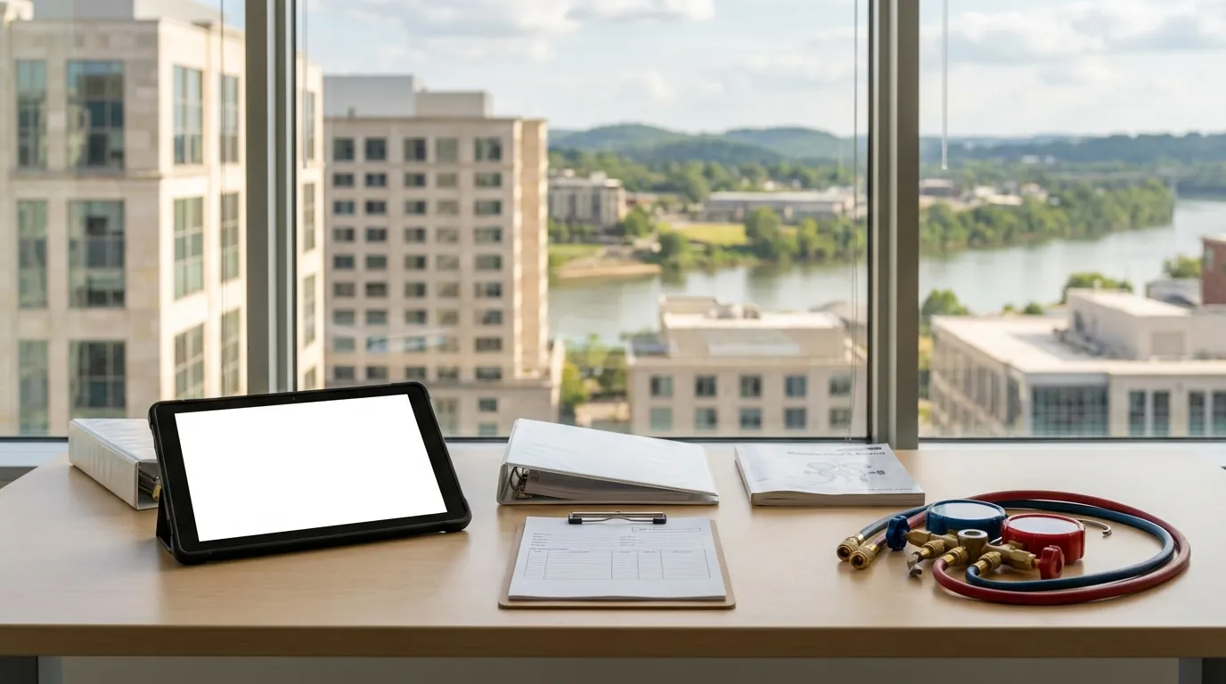 Professional HVAC service dispatch office with Nashville skyline view — MB Adv Agency