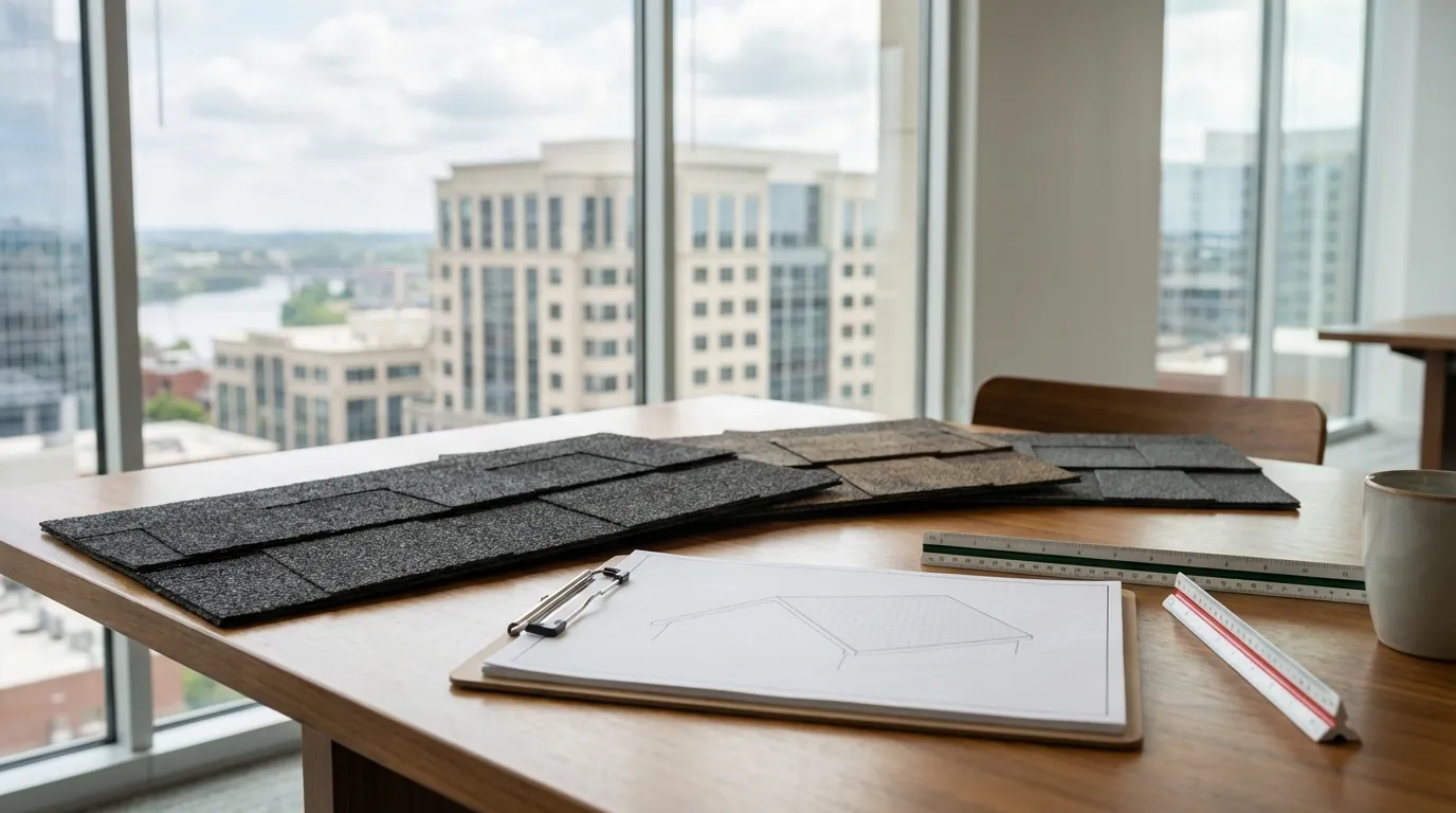 Professional roofing consultation office with Nashville cityscape visible through windows — MB Adv Agency