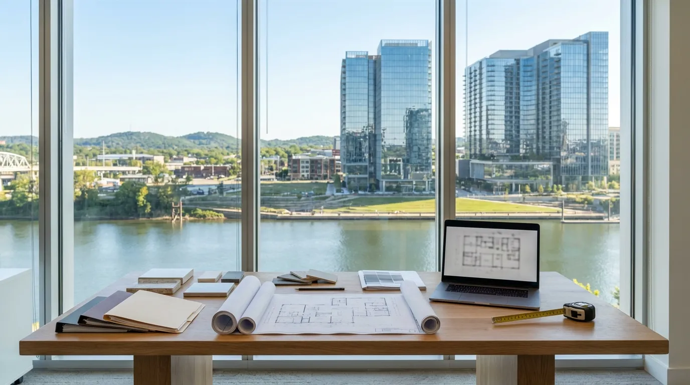 Professional construction planning desk with Nashville East Bank development visible through office windows — MB Adv Agency