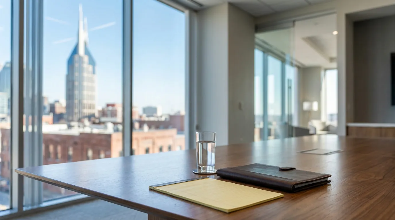 Professional law office conference room with Nashville skyline and AT&T building visible through floor-to-ceiling windows — MB Adv Agency