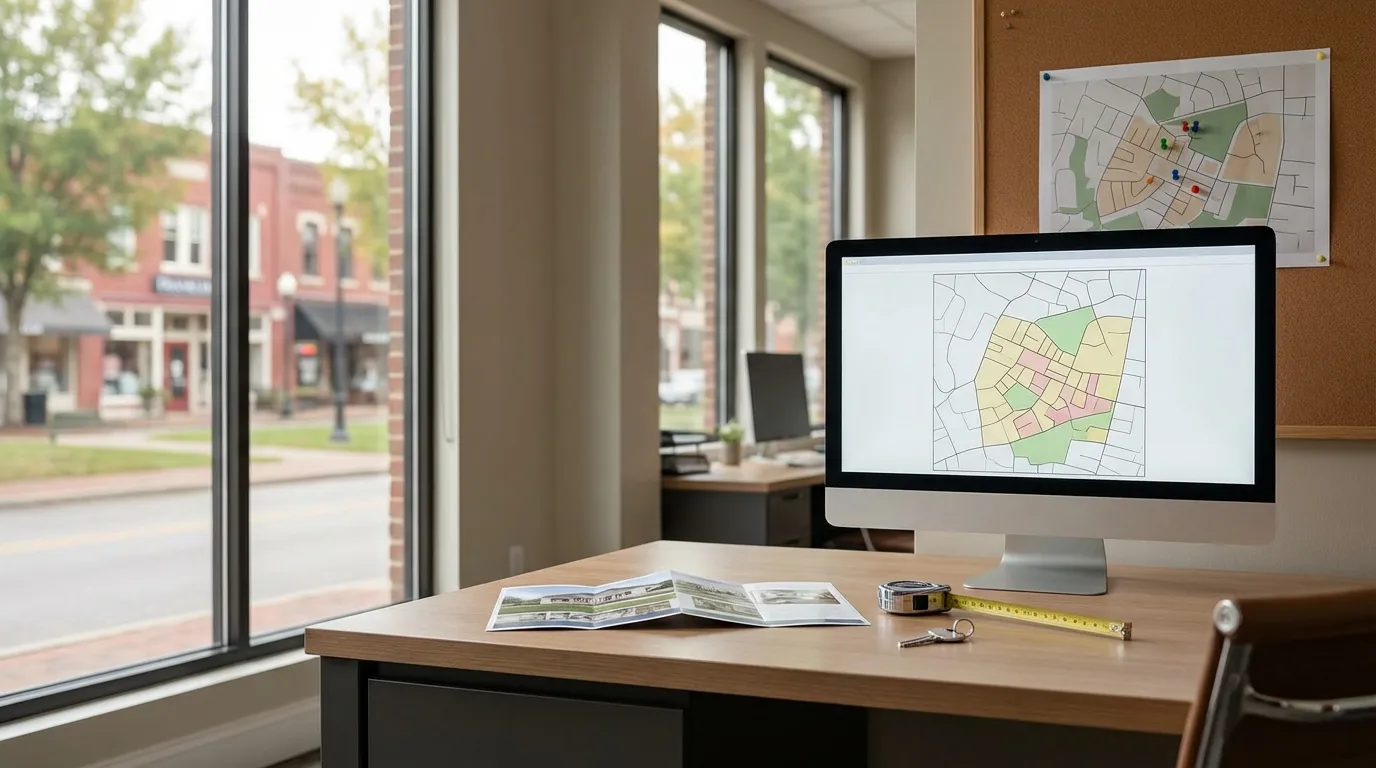 Real estate agent consultation desk with Franklin Tennessee streetscape visible through tall office windows — MB Adv Agency