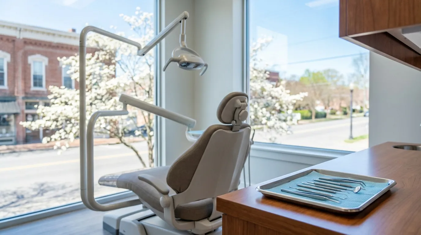 Modern dental treatment operatory with Franklin Tennessee spring streetscape visible through window — MB Adv Agency
