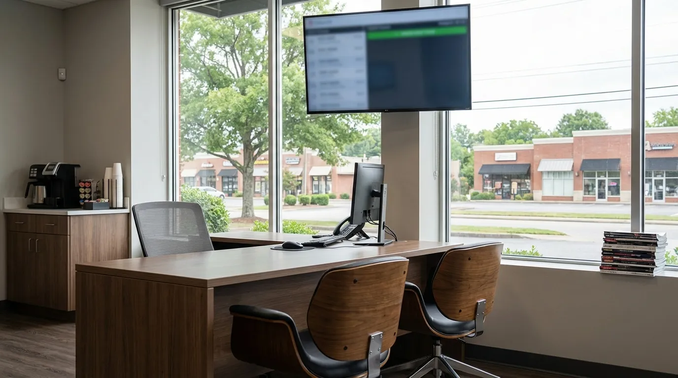 Clean modern auto repair shop waiting area with Nashville suburban streetscape visible through windows — MB Adv Agency