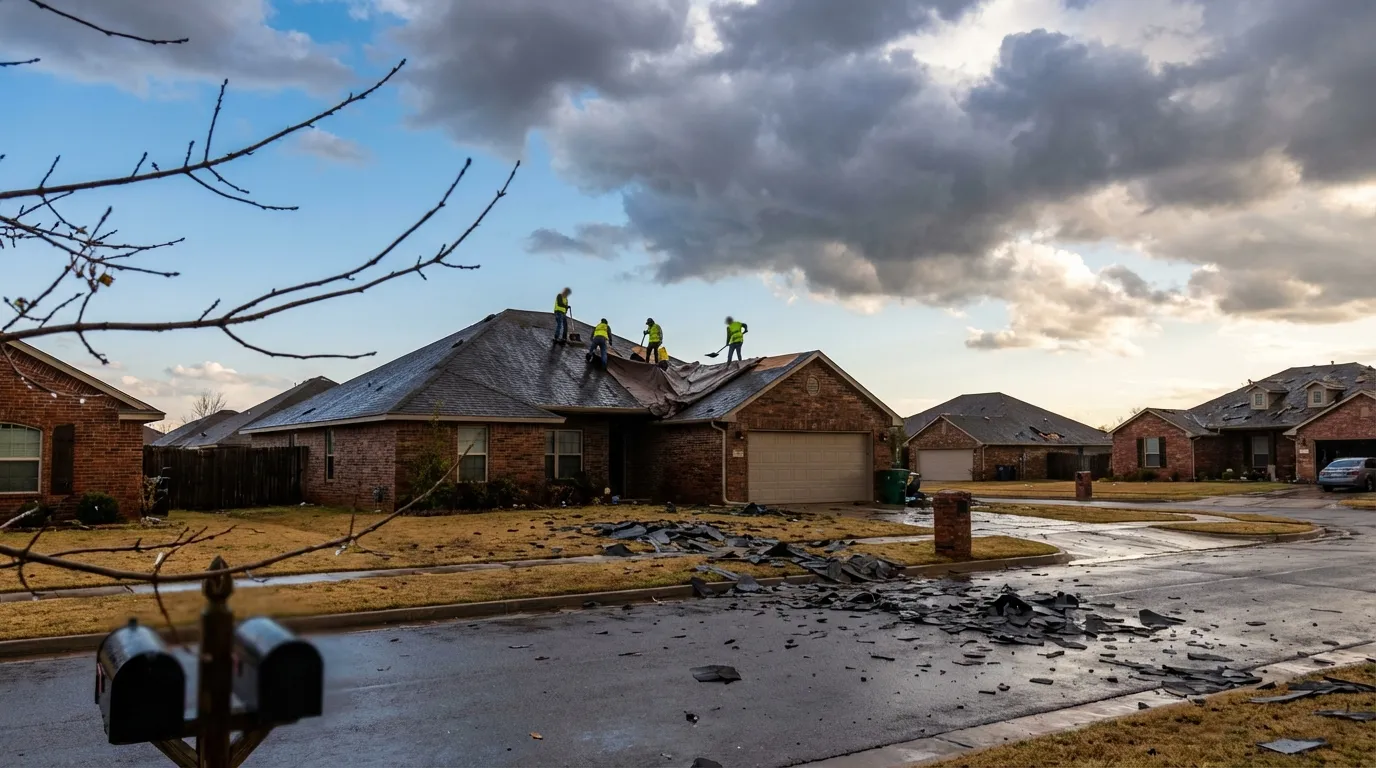 Roofing crew inspecting storm-damaged shingles on a residential home in Oklahoma City after a hail event