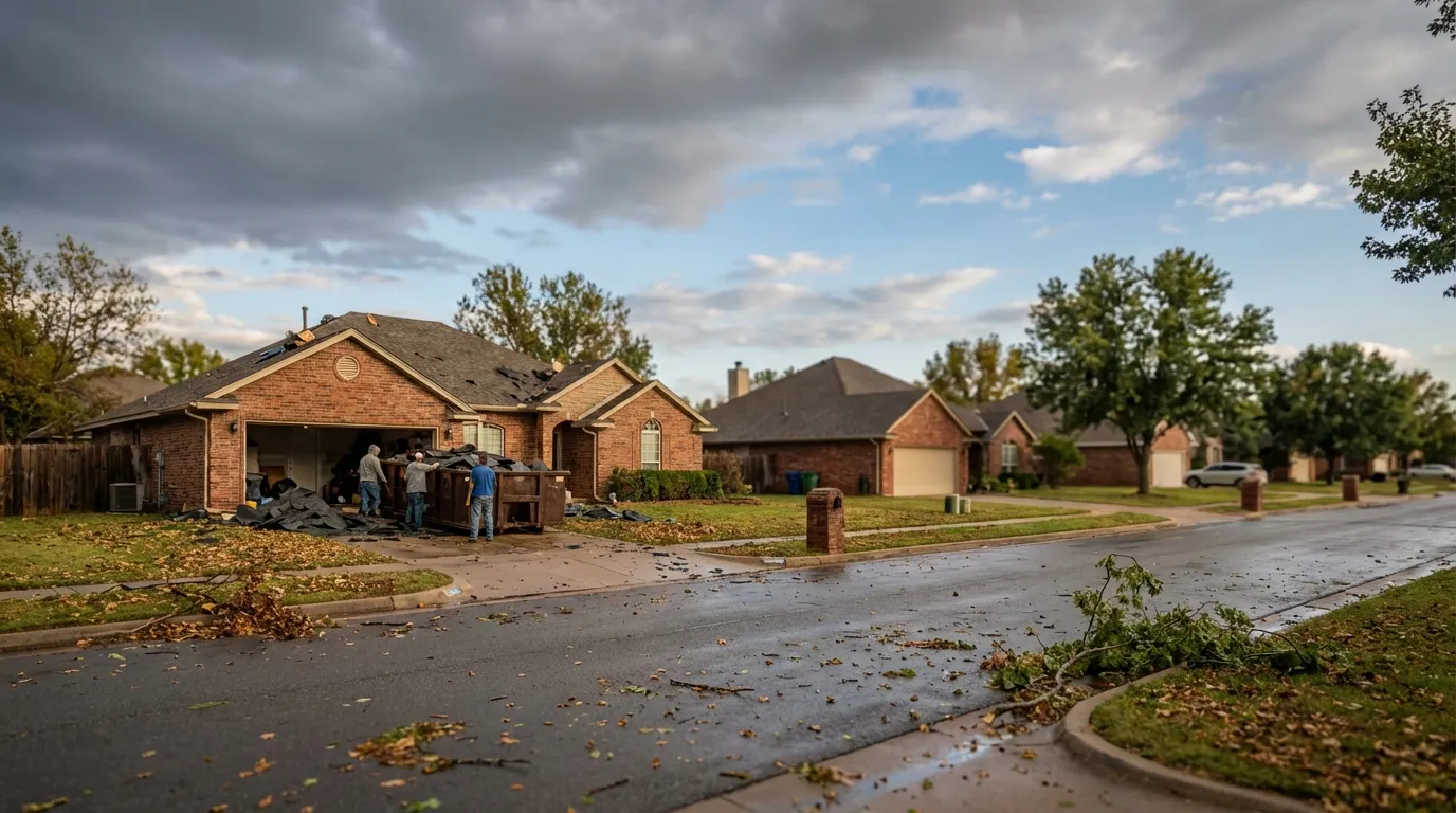 Roofing crew inspecting storm-damaged shingles on a residential home in Oklahoma City after a hail event
