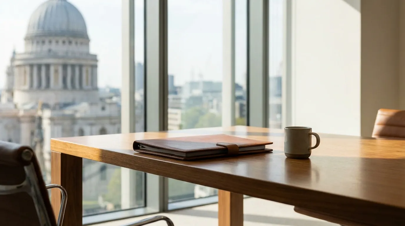 Professional attorney consulting with a client in a modern Oklahoma City law office with the state capitol visible in the background