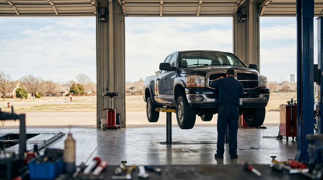 Independent auto repair shop mechanic working on a pickup truck in an Oklahoma City garage bay
