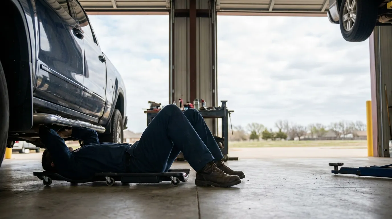 Independent auto repair shop mechanic working on a pickup truck in an Oklahoma City garage bay