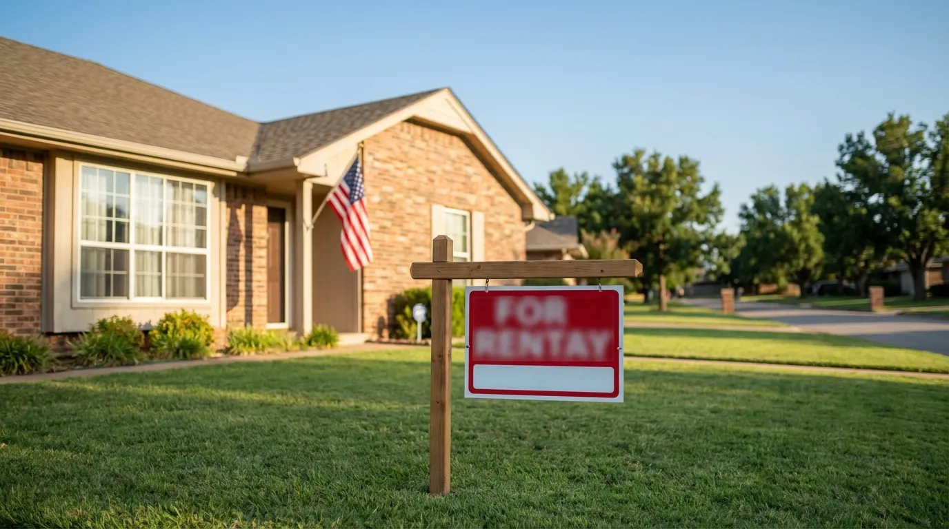 For-sale sign in front of a brick suburban home in an Oklahoma City neighborhood on a clear afternoon