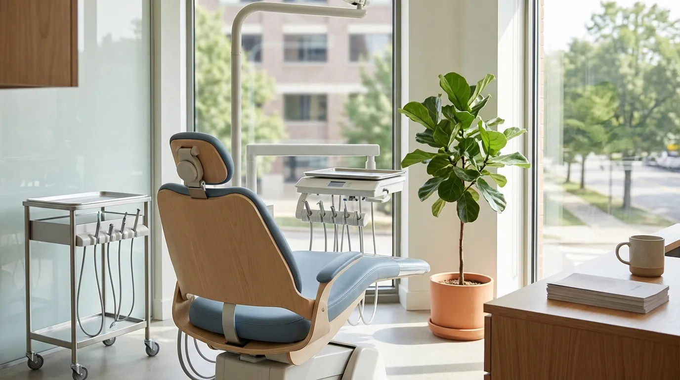 Dentist and patient consultation at a modern dental practice in an Oklahoma City suburban neighborhood