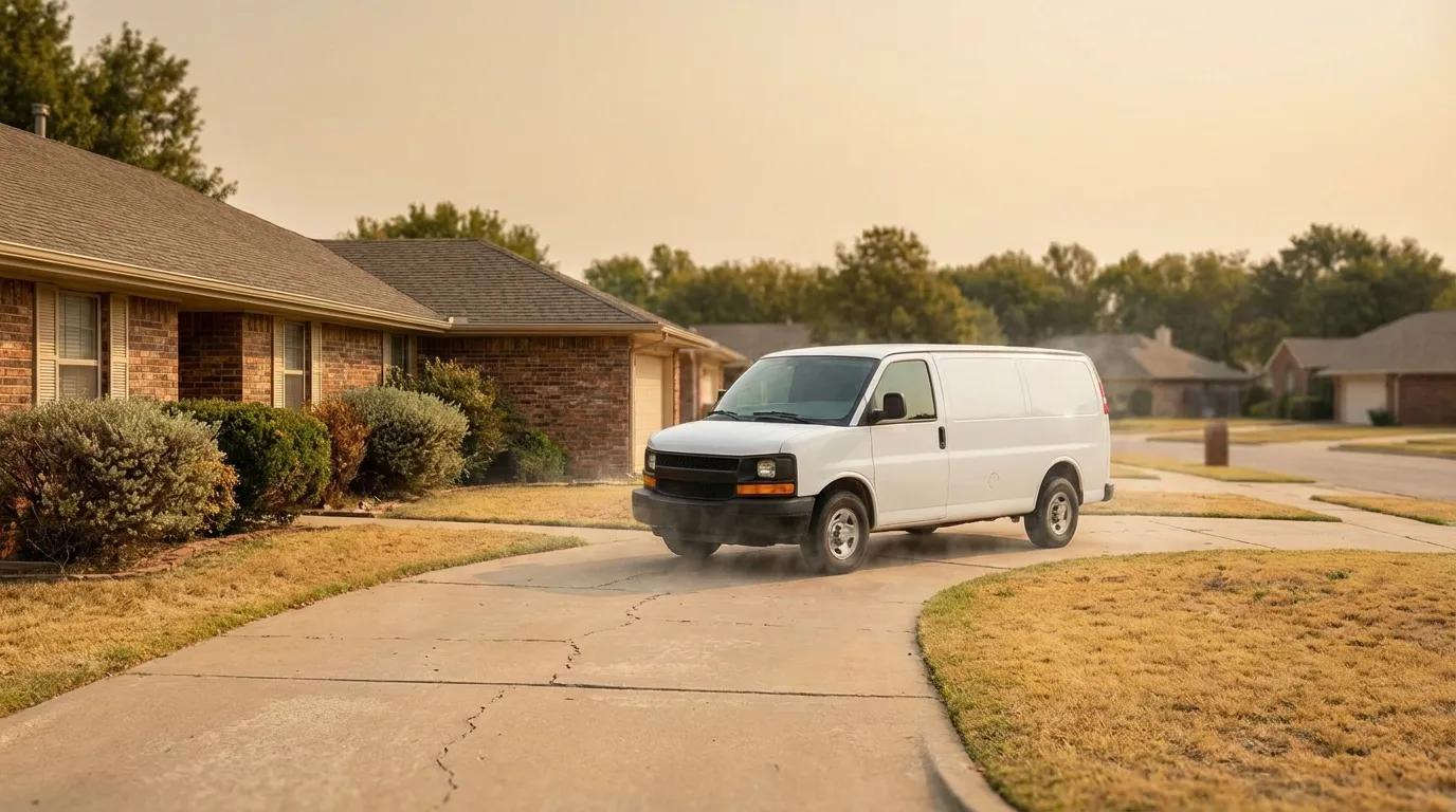 Professional HVAC technician servicing a residential AC unit in an Oklahoma City suburban neighborhood