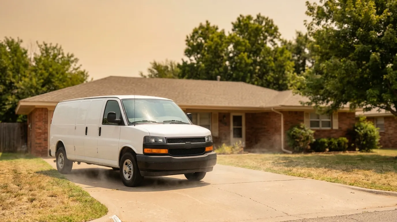 Professional HVAC technician servicing a residential AC unit in an Oklahoma City suburban neighborhood