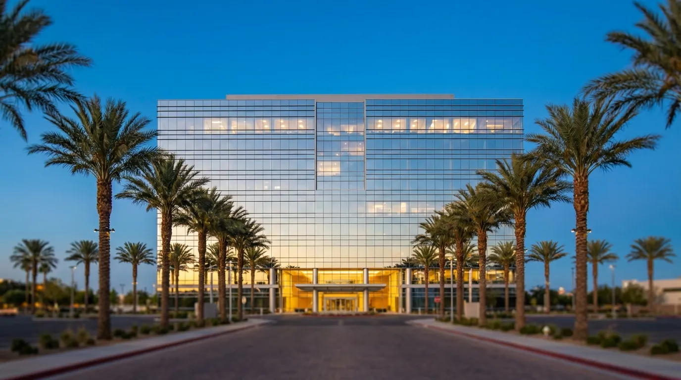 Professional law office building exterior in downtown Las Vegas, NV, with glass facade, palm-lined boulevard, and clear Nevada sky