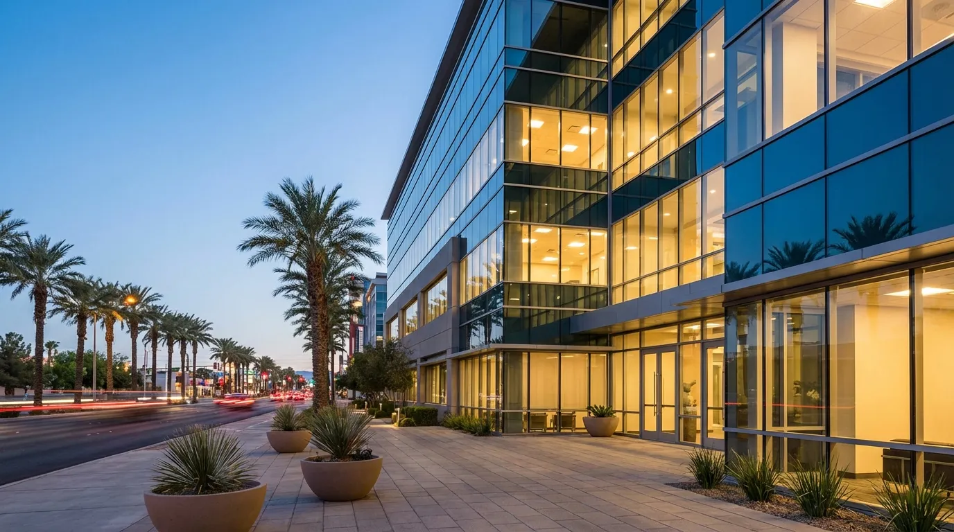 Professional law firm office exterior in downtown Las Vegas, NV with palm-lined boulevard and clear blue sky
