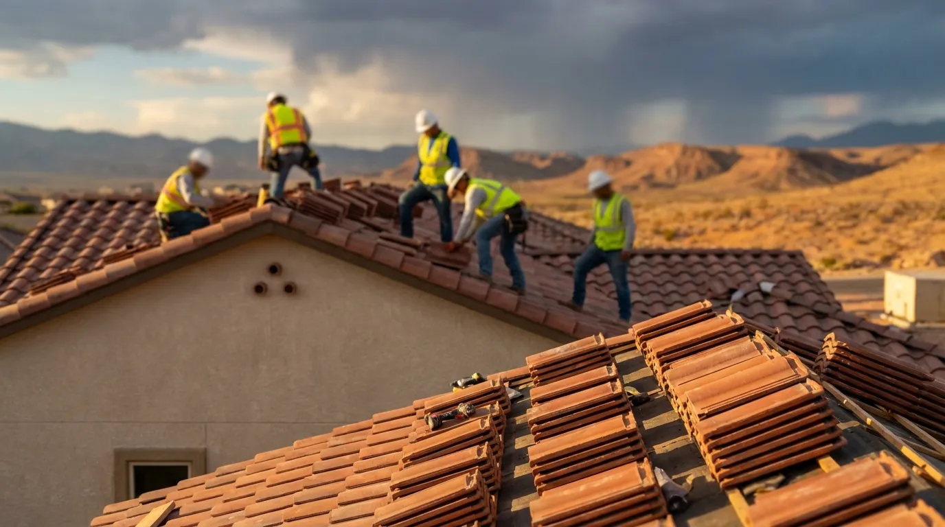 Roofing crew installing concrete tile on a residential home in Las Vegas, NV, with desert landscape and monsoon clouds forming on the horizon