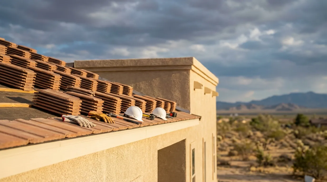 Roofing crew installing tile roof on Las Vegas, NV residential home with desert mountains and monsoon clouds in background