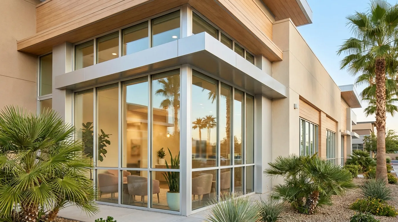 Modern dental office exterior in a Las Vegas, NV retail plaza with bright signage, palm trees, and clear desert sky