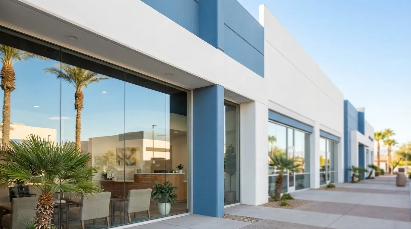 Modern dental office exterior in Las Vegas, NV with palm trees, clear blue desert sky, and welcoming glass entrance