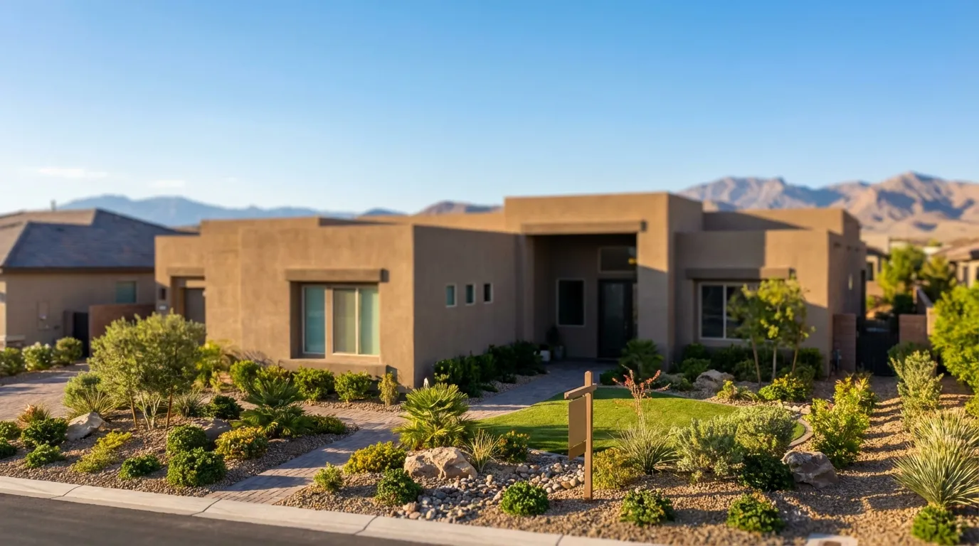 New-build stucco single-family home for sale in Las Vegas, NV master-planned community with desert mountains in background