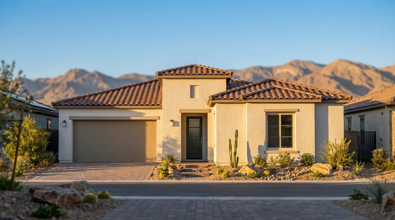 New stucco single-family home in a Las Vegas, NV master-planned community with desert mountains in background and clear Nevada sky