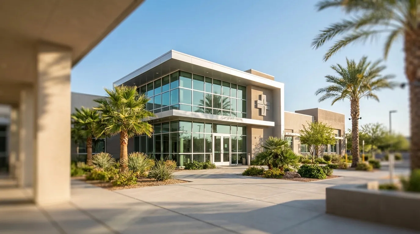 Modern medical clinic exterior in Las Vegas, NV with palm trees, clear blue sky, and welcoming entrance signage