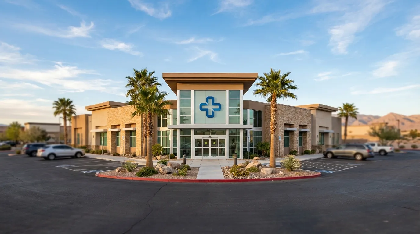 Modern medical clinic exterior in Las Vegas, NV with glass entrance, palm trees, and clear desert sky, conveying accessible neighborhood healthcare