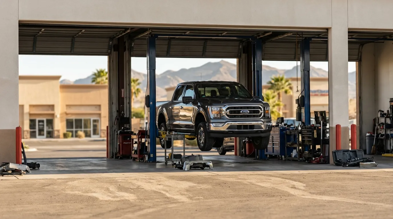 Independent auto repair shop in Las Vegas, NV with open service bays, mechanic in uniform, and desert mountains in background