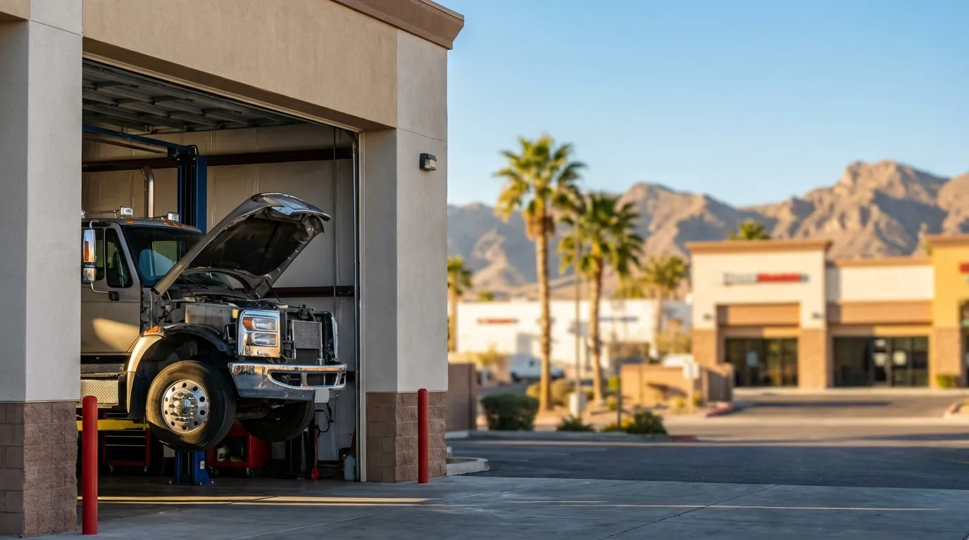 Independent auto repair shop with open service bays and mechanic working on vehicle in Las Vegas, NV desert sun