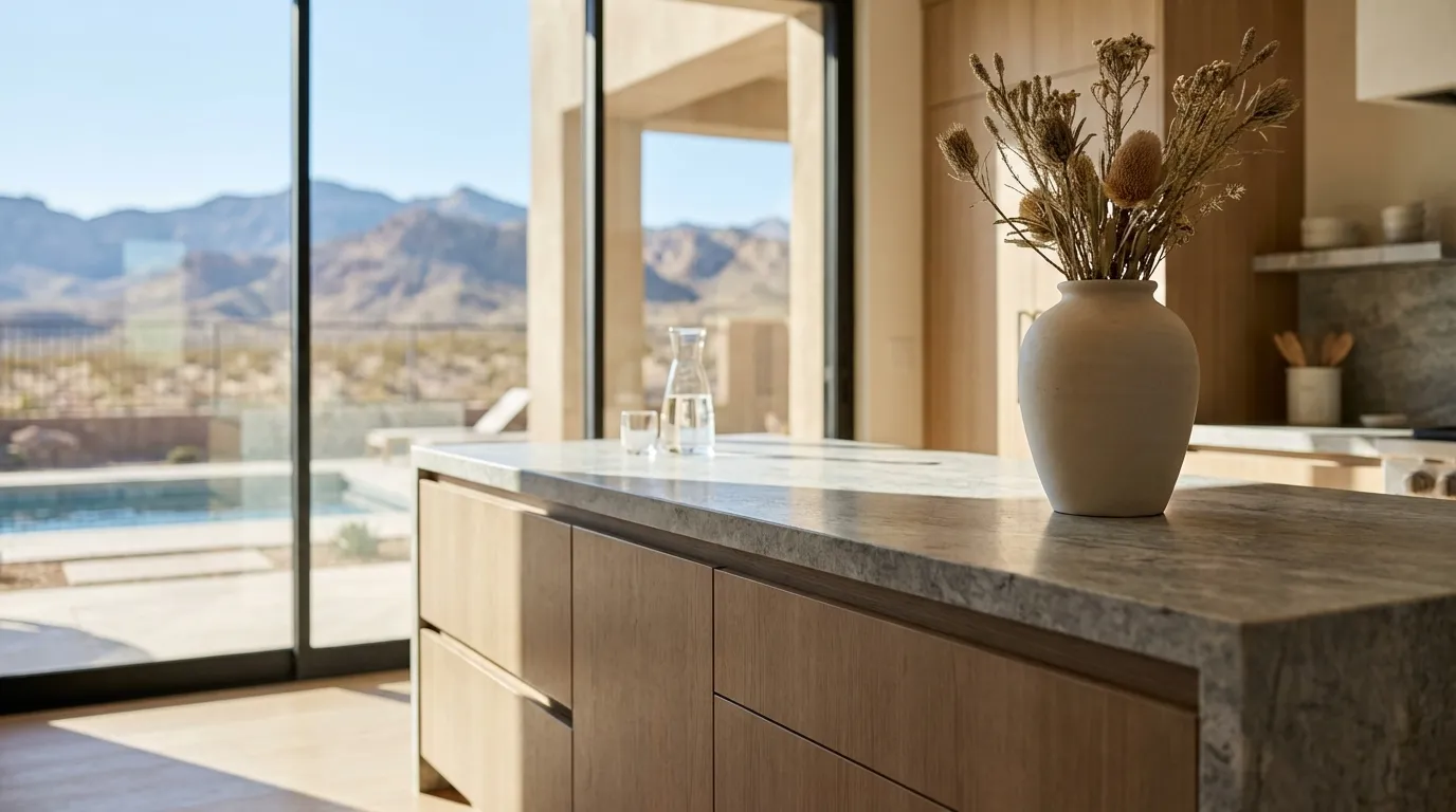 Luxury kitchen remodel completed by Las Vegas, NV general contractor with desert sunlight through large windows