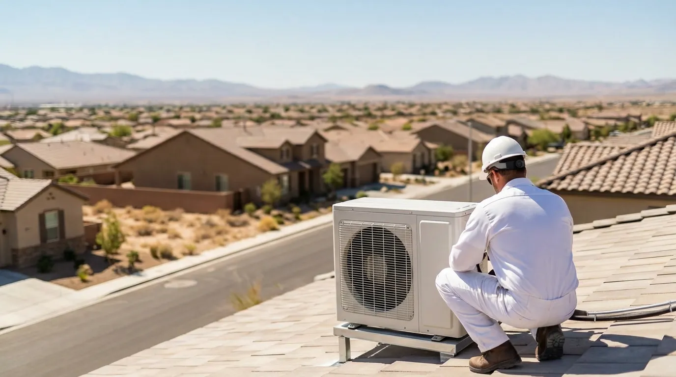Professional HVAC technician servicing rooftop air conditioning unit in Las Vegas, NV suburban neighborhood