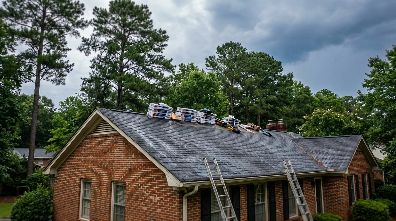 Roofing crew replacing asphalt shingles on a brick suburban Atlanta home with Georgia pine trees in background and partly cloudy sky suggesting post-storm work