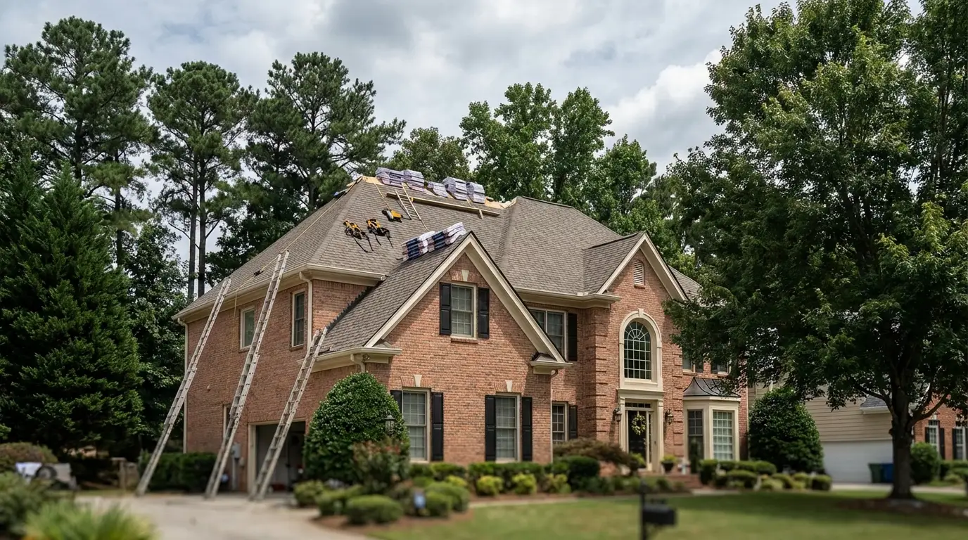 Roofing crew inspecting storm-damaged shingles on a residential home in Atlanta