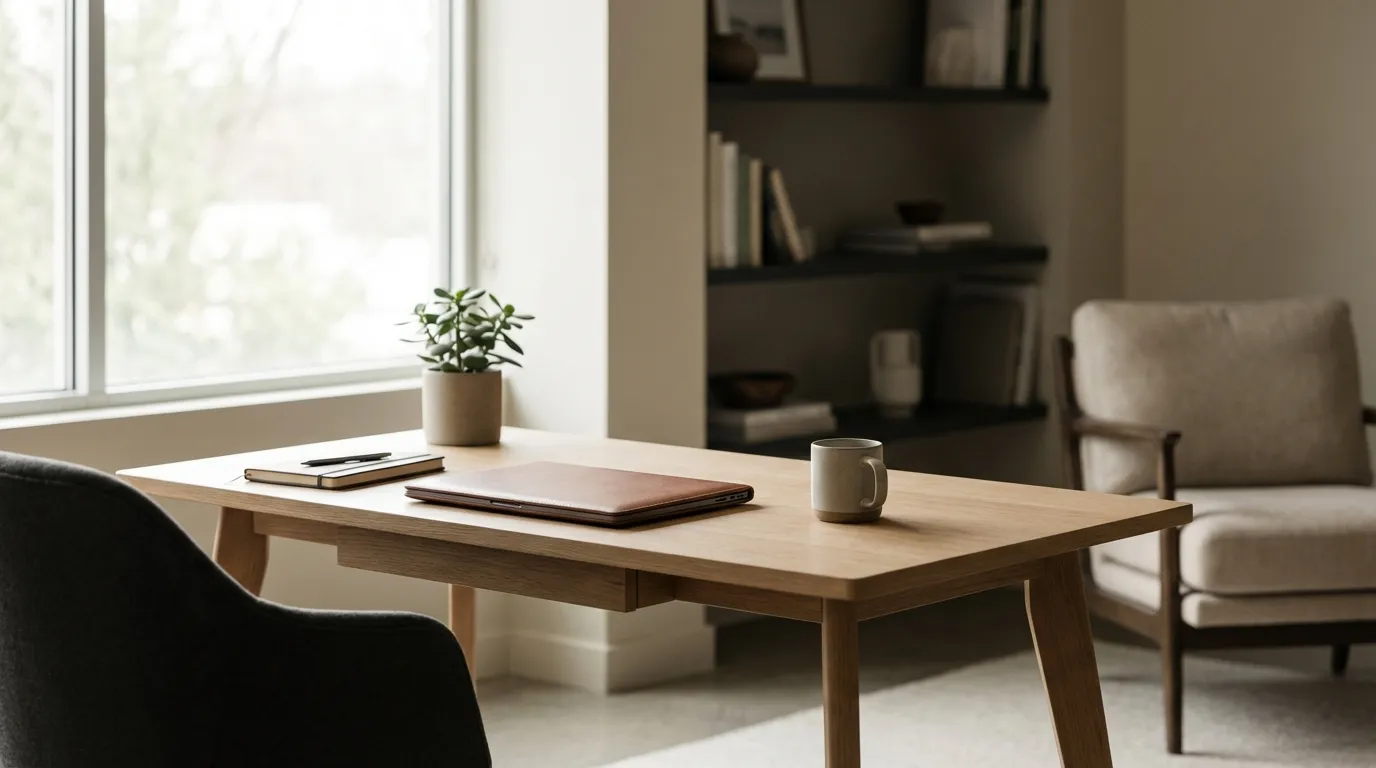 Traditional brick colonial home in Atlanta suburb with mature oak trees, manicured front lawn, and Just Listed sign visible under blue sky with scattered clouds