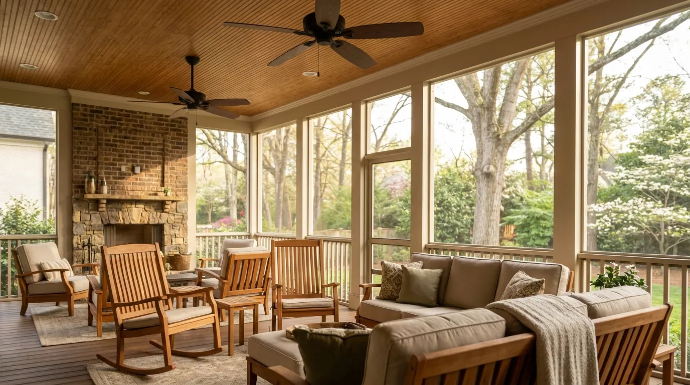 Beautifully completed screened porch on an Atlanta suburban home with ceiling fans, rocking chairs, and mature Georgia oak trees visible in the backyard