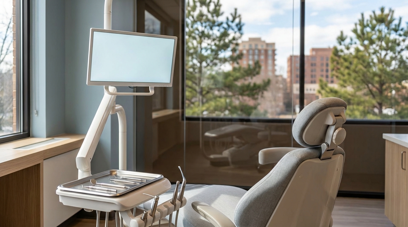 Modern dental office exterior in Atlanta professional district with clean contemporary signage, landscaped entrance, and warm professional lighting visible through windows