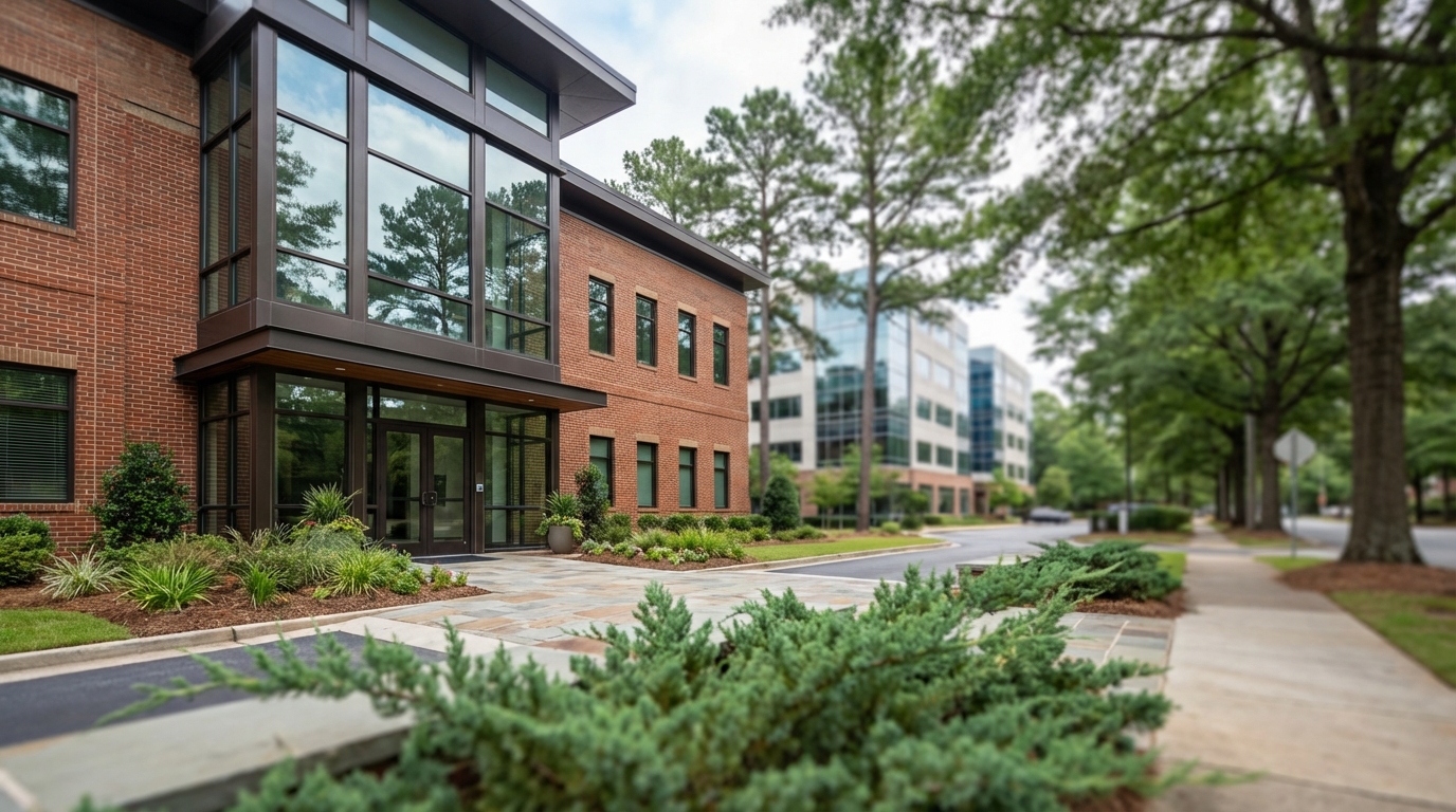 Friendly dentist and hygienist with a patient in a modern Atlanta dental office