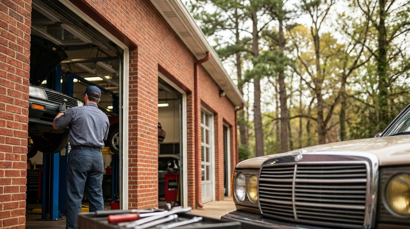Auto repair mechanic working on a vehicle in an Atlanta garage bay