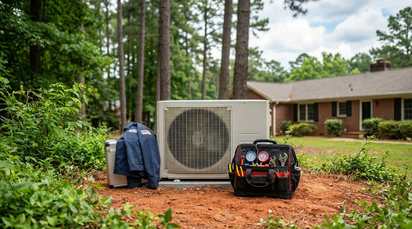 Professional HVAC technician servicing an air conditioning unit at an Atlanta home