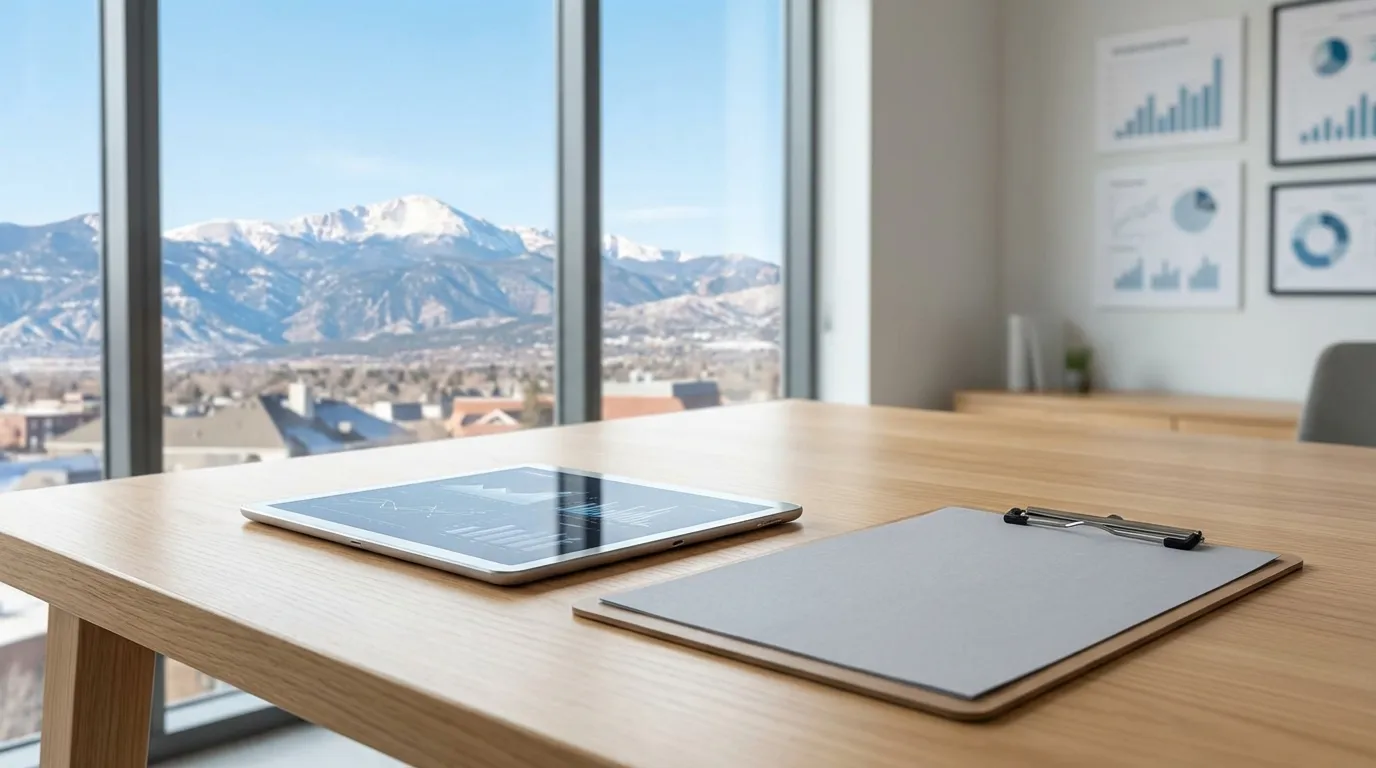 Professional HVAC technician equipment staged near a residential unit in Colorado Springs, CO, with Pikes Peak visible in the background under a high-altitude blue sky