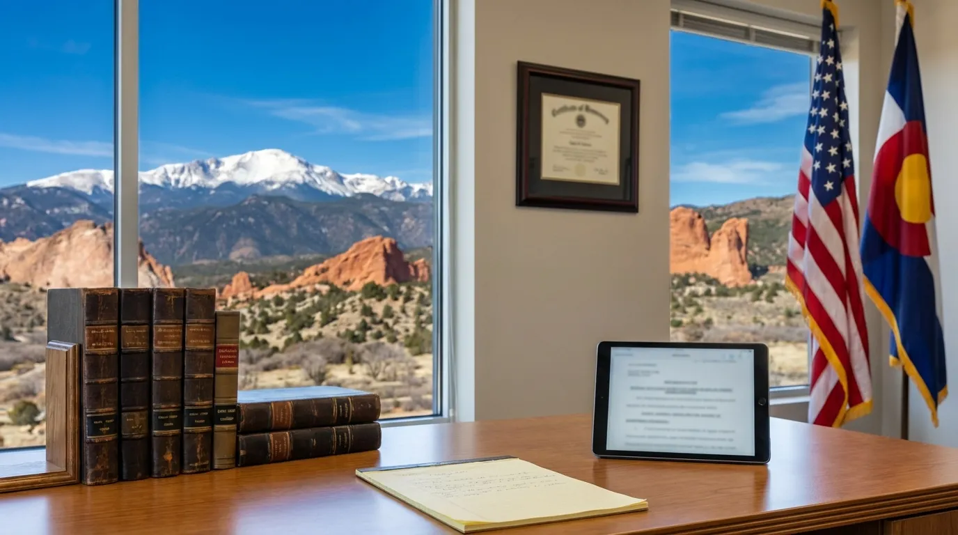 Professional attorney consulting with a client in a modern Colorado Springs law office