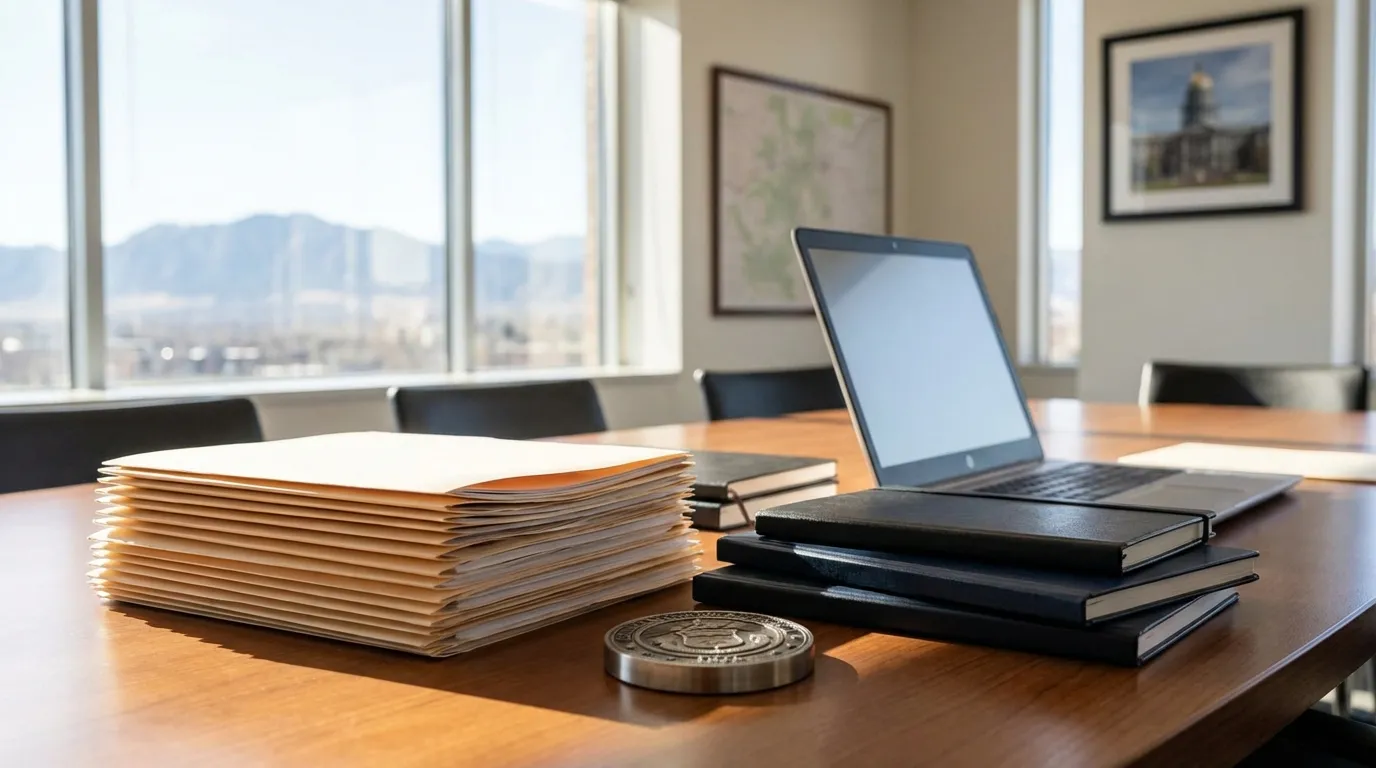Professional law office workspace in Colorado Springs, CO, with legal documents, a Colorado state bar certification, and Pikes Peak visible through the window