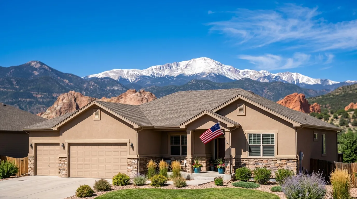 For-sale sign in front of a well-maintained home in a Colorado Springs neighborhood with mountain views